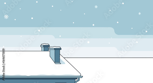 Serene Winter Landscape With Snowfall And Rooftop Illustration In Soft Hues