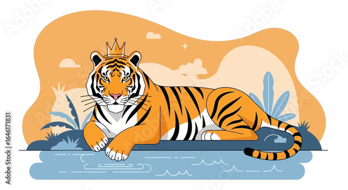 Royal tiger illustration with crown lying down by the water in vibrant scenery