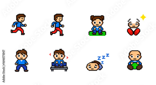 Pixel art characters collection running sitting sleeping various emotions high quality professional