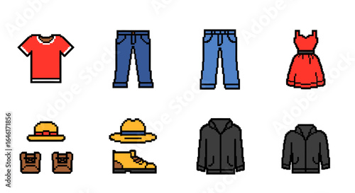 Pixelated clothing collection pixel art style various garments and accessories fashion essentials high quality professional