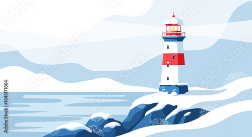 Serene winter scene featuring a lighthouse covered in snow by the ocean shore