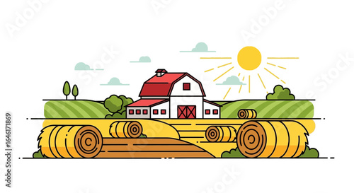 Rural Scenery Depicts Idyllic Farmhouse Setting With Hay Bales And Sunshine