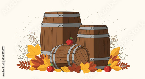 Rustic autumn illustration with wooden barrels, apples, and vibrant fall leaves
