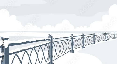 Serene winter scene showcasing a snow-covered bridge with delicate railing and cloud filled winter sky