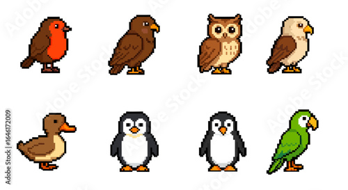 Collection of birds Pixel art style Various species on white high quality professional