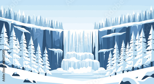 Serene Winter Waterfall Landscape With Snow Covered Evergreen Trees
