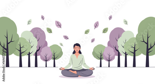 Serene woman meditating in nature, finding peace and balance amidst colorful trees, illustrating mindfulness and wellness