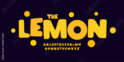 Juicy bubble alphabet, bold rounded sunny font, yellow cartoon font for sticker logo, summer sign headline, playful typographic design, modern fluffy heavy vibrant typography. Vector typeset.