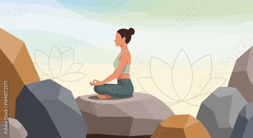 Serene Yoga Practice on a Stone: A Woman's Meditative Journey in Nature's Embrace