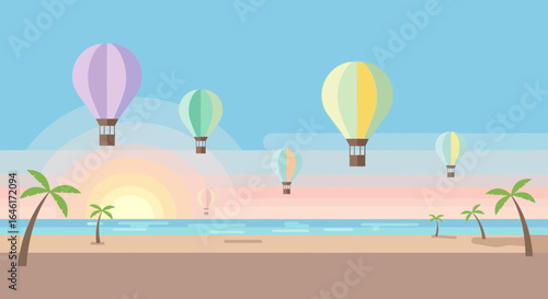 Scenic beach landscape with hot air balloons at sunrise offering tranquil scenery