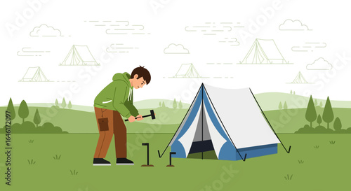 Setting up camp: An illustration of a man pitching a tent in a scenic campsite landscape