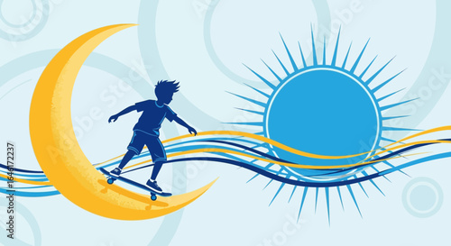 Silhouette Of A Boy Skateboarding On A Crescent Moon Against The Sun And Sky