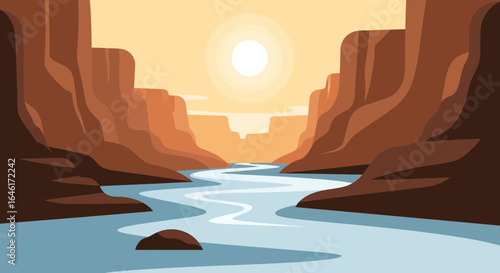 Scenic Grand Canyon Landscape Illustration with River and Sunlight Graphic