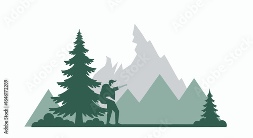 Silhouette of a hiker in a mountainous landscape with evergreen trees creating a serene and outdoorsy visual
