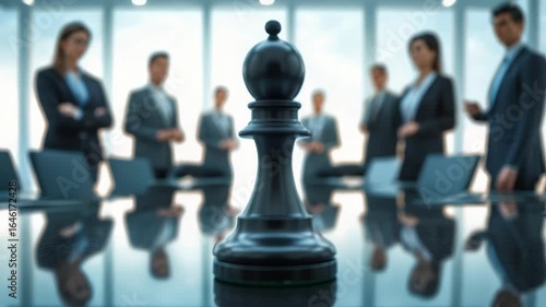 Large black chess pawn on reflective board in modern corporate meeting room with blurred business professionals in background

