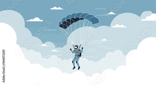 Skydiving adventure illustration depicting a skydiver in the clouds promoting freedom
