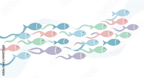 School Of Fish Swimming Together In Colorful Pastel Hues Simple Illustration