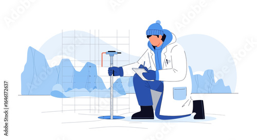 Scientist analyzing ice core sample for climate change research in arctic environment