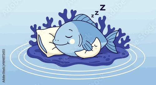 Sleeping Fish Sweet Dreams Underwater Cartoon Illustration for Children