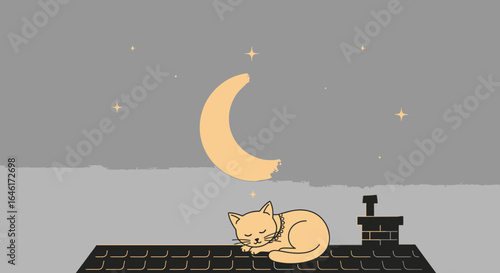 Sleepy cat illustration under the moon with stars a peaceful and whimsical night scene cartoon cat sleeping on roof illustration