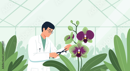 Scientist tending to orchids in a greenhouse, showcasing botanical research and flower cultivation illustration