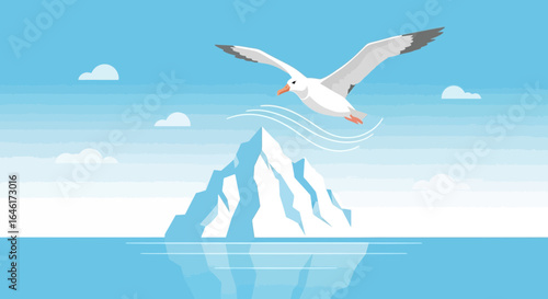 Seagull soars above a vast iceberg reflecting in the clear ocean waters beneath a serene blue sky