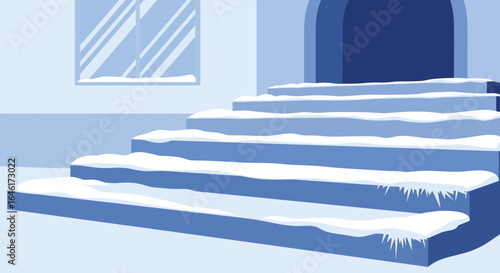Snow-covered staircase leading to a door, set against a cool wintery background scene