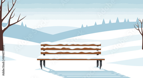 Snowy bench in a winter landscape showcasing serene outdoor recreation scene