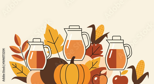 Seasonal Fall Harvest Still Life Illustration Featuring Pumpkins Corn Apples and Apple Cider