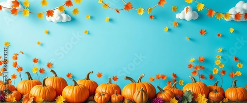 Bright blue backdrop showcases playful October; vibrant pumpkins, whimsical clouds, colorful decorations celebrate autumn, artwork, decorations