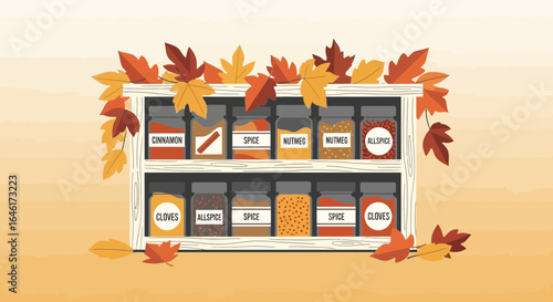 Seasonal spice rack illustration with autumn leaves decoration and warm color palette