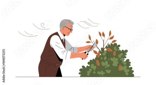 Senior man enjoys gardening, carefully pruning a bush with clippers on a breezy day