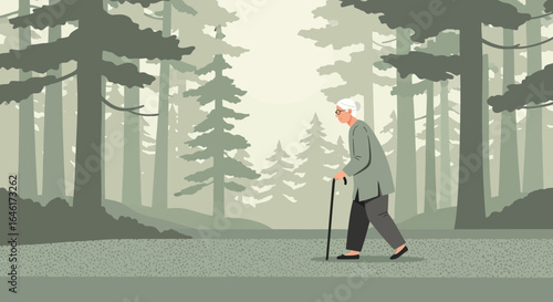 Senior woman walking alone with a cane through a dense and serene forest landscape