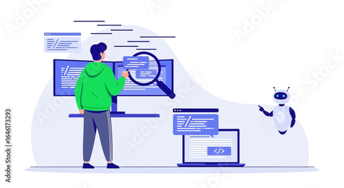 Software developer analyzing code on multiple monitors with AI assistance illustration