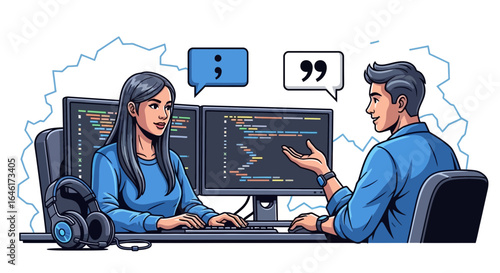 Software developers collaborating on code with dual monitors and communication bubbles indicating quotes and semicolons