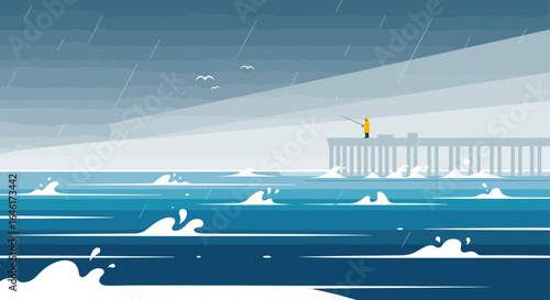 Solitary Angler Braving A Stormy Sea Day In Pursuit Of Coastal Fish