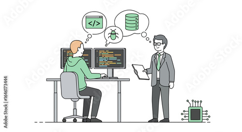 Software development team working on debugging and database optimization in office environment