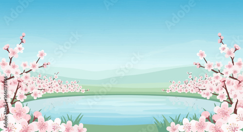 Serene Blossom Vista A Calming Scene Of Cherry Trees By Tranquil Waters