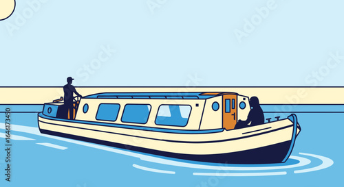 Serene Canal Boat Illustration with Passengers Enjoying the River Journey