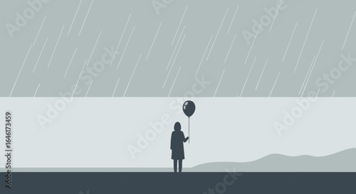Solitary Figure In Rain With Balloon Expressing Loneliness And Reflection