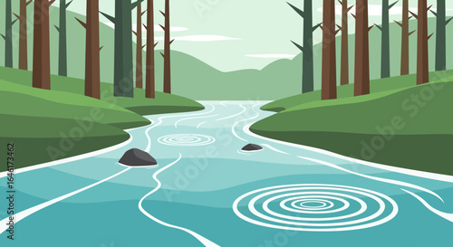 Serene cartoon river flowing through a forest surrounded by green hills and trees