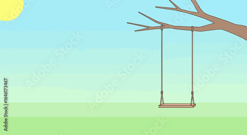Serene cartoon landscape featuring a swing hanging from a tree branch under a sunny sky