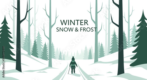 Solitary Figure Walking On Snow Covered Trail In Winter Forest Landscape