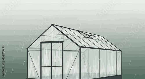 Solitary Greenhouse In The Gentle Rain Showcasing Cultivation and Resilience