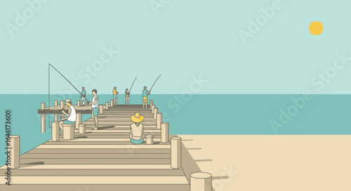 Serene day on the pier: People fishing and relaxing in a tranquil seascape setting