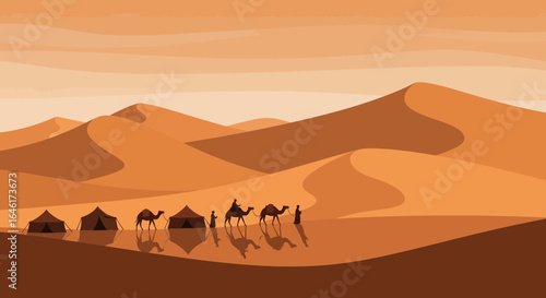 Serene Desert Landscape with Camel Caravan and Tent Silhouettes in the Sahara