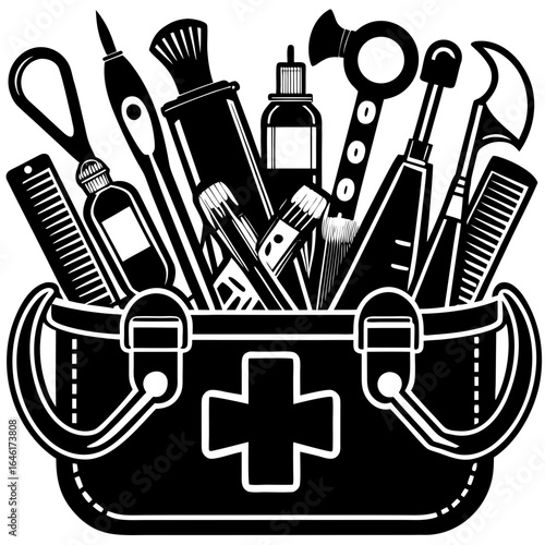 Essential Toolkit for Grooming: A meticulously crafted illustration showcases a kit of essential grooming tools, presenting a visual narrative of personal care, health, and professional service.
