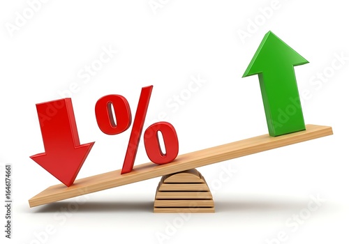 Conceptual image of percentage sign with up and down arrows on a scale