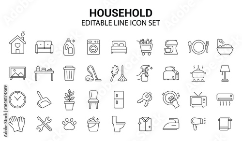 Household Line Icon Set.  Home, Cleaning, Furniture, Appliances, and More. Vector Illustration.	