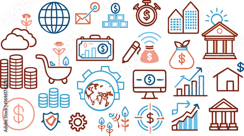 Financial and business growth icons with a hand-drawn style